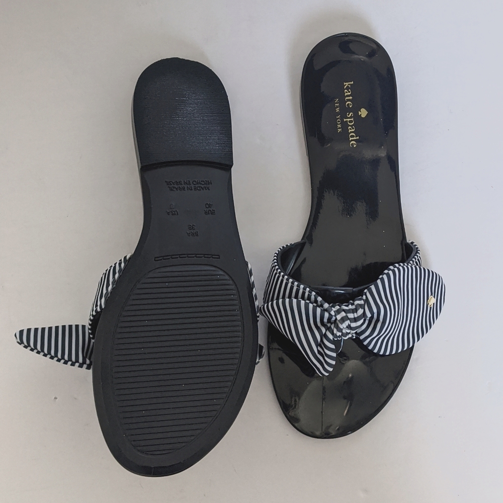 KATE SPADE Navy Blue Jelly Flip Flop Sandals Striped Fabric Bow Size 8 - Picture 9 of 15